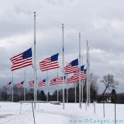 The Washington Monument is surrounded by 50 flagpoles, with each flag representing one state. In this photo the flags are half staff to honor the passing of U.S. Sen. George A. Smathers
