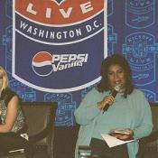 Aretha Franklin explains to the room of reporters what it means to her to sing the National Anthem.