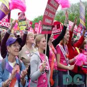 Women of all ages and races came together on April 25th to have their message heard.  This activist holds a Planned Parenthood sign reading DERECHOS REPRODUCTIVOS SON DERECHOS HUMANOS.