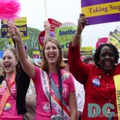 Pink was the color used to show the unity of the those who marched on Washington.  This group of women from NARAL cheer following one of the speakers.