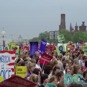 Over 1 million marchers listen to speechs in support of reproductive rights.  Among the many organizations co-sponsoring the march were NARAL, Planned Parenthood and NOW.