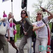 A group of marchers from the Feminist Majority wear F on their t-shirts like the S on Superman.
