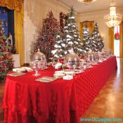 The State Dining Room tablecloths are red-on-red polka dots with a little forest of trees that run down the center of the tables