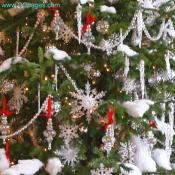 18-foot, 6-inch Douglas fir sparkled with crystals and ornaments of iridescent glass. 