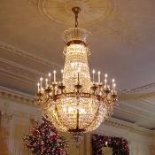 Beautiful chandeliers hang throughout the White House.