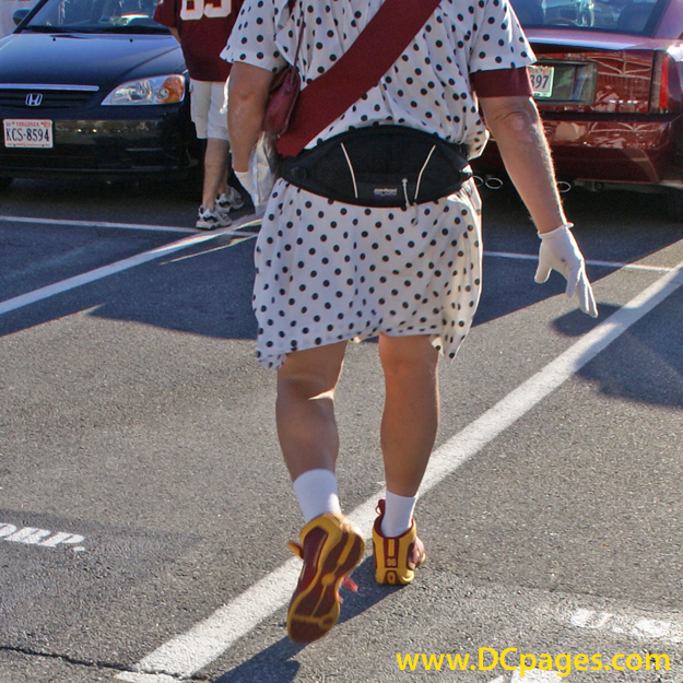 Appropriate Hogette wear. Spotted Sundress and Redskin football shoes.