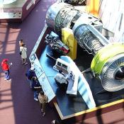 Looking down at an exposed turbo fan jet engine.