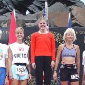 Nancy Stolzfus from Parksburg, PA & Cindy Chimino from Coolsville, PA & Gretchen Walter from York, PA & Dennis Faust from Mt. Joy, PA & Ralph McKinney from Wilmington DE...pose at winner circle before participanting in the 28th annual Marine Corps Marathon
