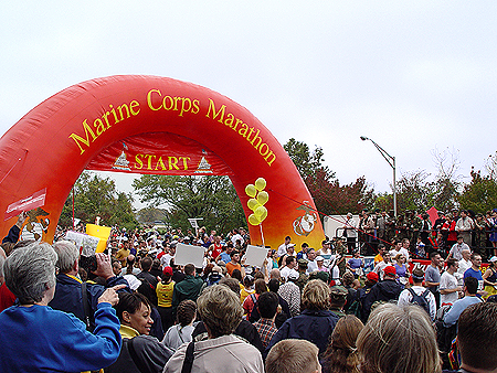 The runners start the marathon at the Iwo Jima Monument, which is a tribute to past, present, and future Marines who have given their lives in defense of the United States since 1775. 