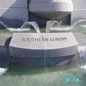 Dedication stone - Southern Europe. Three American, one Canadian, and three British divisions landed in Sicily on July 10, 1943. From beachheads on the south coast, the Allies pushed accross the island in five weeks, against four Italian and two German divisions, and overcame the last Axis resistance on August 17.