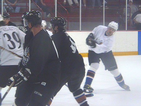 Jaromir Jagr slaps a bullet towards the goal.