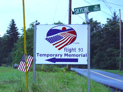 Sign directing visitors to the temporary Memorial of Flight 93.