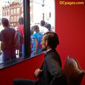 A wax model of Abraham Lincoln greets visitors at the entrance window. 