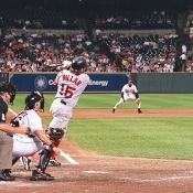Red Sox first base man Kevin Millar connects with the ball to try and get the Sox on the scoreboard.
