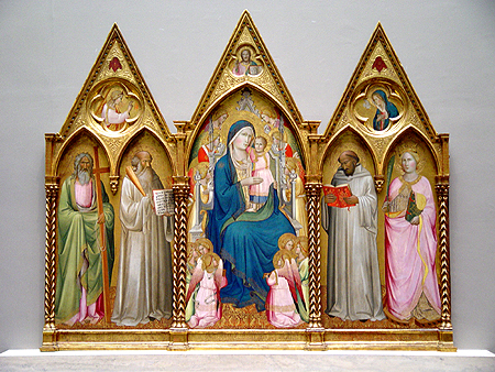 Madonna Enthroned by Saints and Angels painted by Agnolo Gaddi.  An icon of the Church, this painting represents a tryptic, a type of altarpiece.