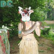 An artistic mask made from a cow pelvis bone.