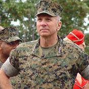 The commandant of the Marine Corps, General Hagee reviews the troops and staff before the beginning of the race.