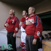 Washington Nationals' Inaugural Home Opener - President George W. Bush joins the sold-out crowd at RFK Stadium in the singing of the National Anthem Thursday, April 14, 2005, at the home opener of the Washington Nationals.  White House photo by Paul Morse
