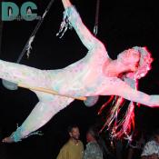 A trapeze artist swings over the crowd. 