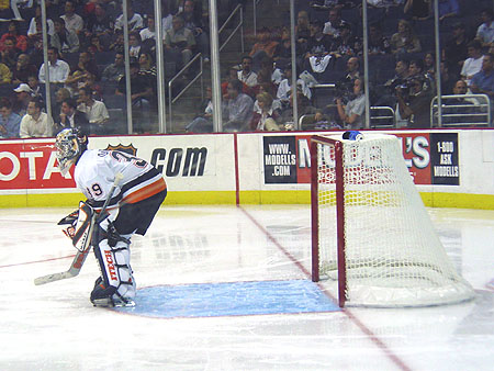 It was a rough night for the Islanders goalies.  Here, Rick Dipietro enters the game replacing Garth Snow.