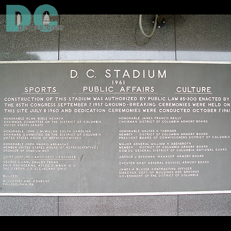 The plaque of RFK Stadium attached to the side of the stadium.
