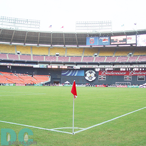 After raining, RFK Stadium was ready for the game of DC United v.s. LA Galaxy. A splendid view from a coner flag. 