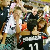 "Can you give me a hug, please?" No.11 Eskandarian was replying nicely, "Thanks for coming to see United game tonight!"