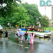 A group of people stand in the puddles to get a better look at the floats on parade.