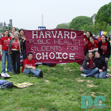 Pro Choice Demonstration Sign - HARVARD - PUBLIC HEALTH - STUDENTS FOR - CHOICE - Washington Monument is in the background.