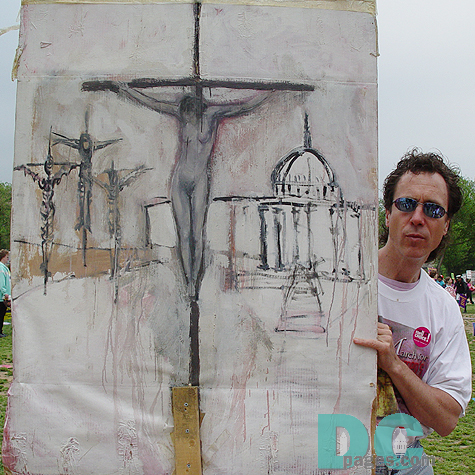 Male Pro-Choice artist displays his artwork depicting a female crucified in front of our Nation's Capitol building.