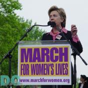 Senator Hillary Clinton speaks to the crowds on the National Mall at the March for Womens Lives.