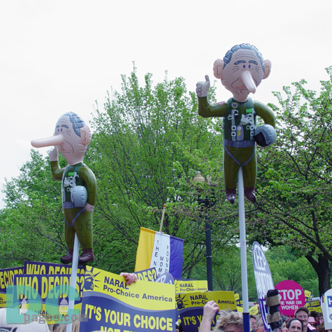 Rising above a sea of NARAL placards, two inflatable caricatures of President Bush in a flight suit with an unusually long nose like that of Pinocchio.