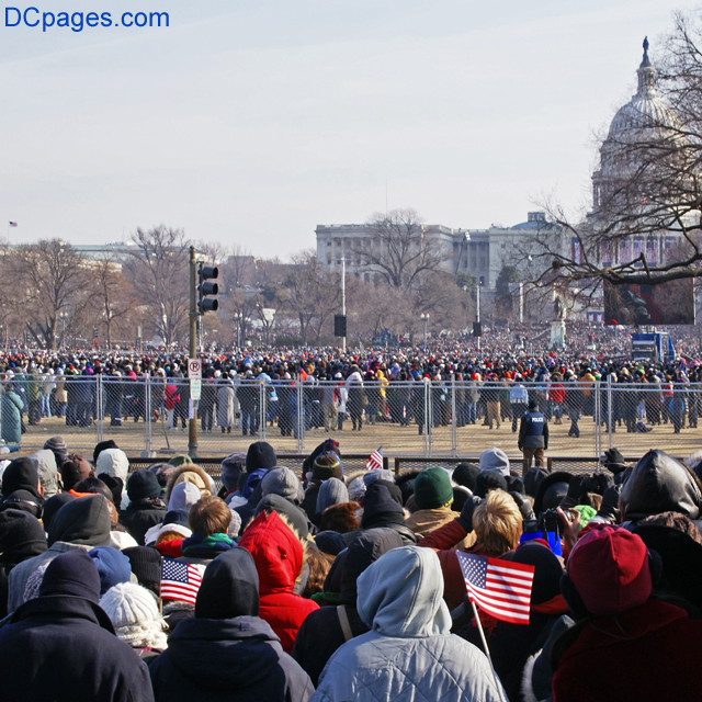 The crowd awaits President Obama's Inaugural Address on the National Mall, January 20, 2009