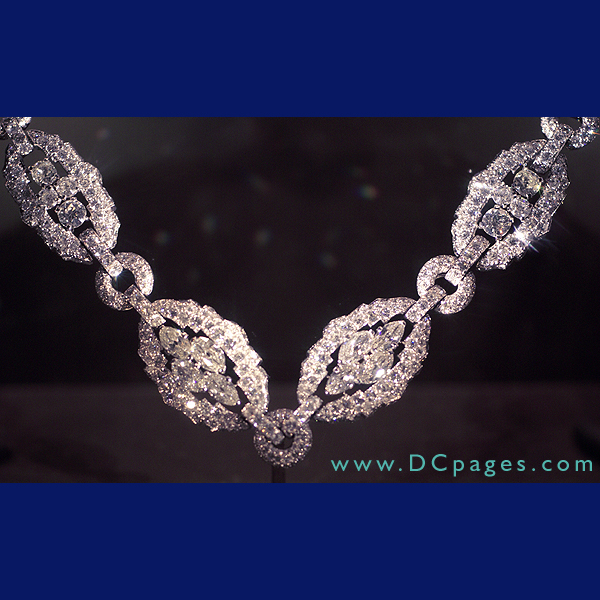 Diamond platinum necklace - More than 1,050 diamonds totaling about 63 carats adorn this necklace. Designed by Cartier around 1910, it belong to Evalyn Walsh McLean, who also owned the hope diamond.