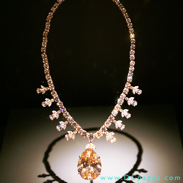 Victoria-Transvaal Diamond Necklace - The dazzling pendant of this diamond and gold necklace is the 68-carat, champagne-colored Victoria-Transvaal diamond, which was discovered in South Africa in 1951.