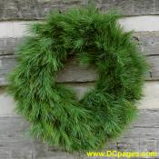 Undecorated Pine Wreath on the wall of the cabin. Wreaths like this one can be ordered directly from Santa's Forest. Order Online
