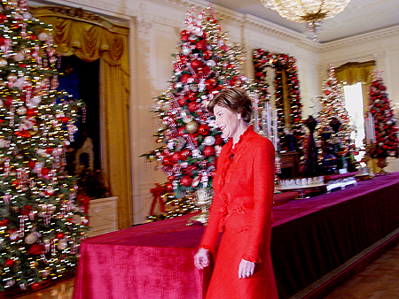 The First Lady prepares to address her guests and explains the origin of all the decorations throughout the White House.
