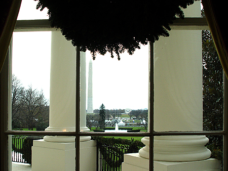 From the White House windows guests could get great views of the historical monuments around Washington, DC. Through the windows of the State Room one can easily see the Washington Monument.