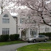 White house, pink blossoms