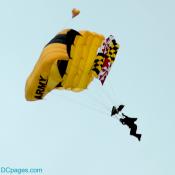One of the Golden Knights soaring with the Maryland flag; Andrew's AFB, Maryland