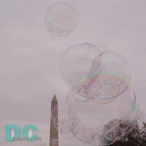 Smithsonian Kite Festival - Bubbles floating in front of Washington Monument.
