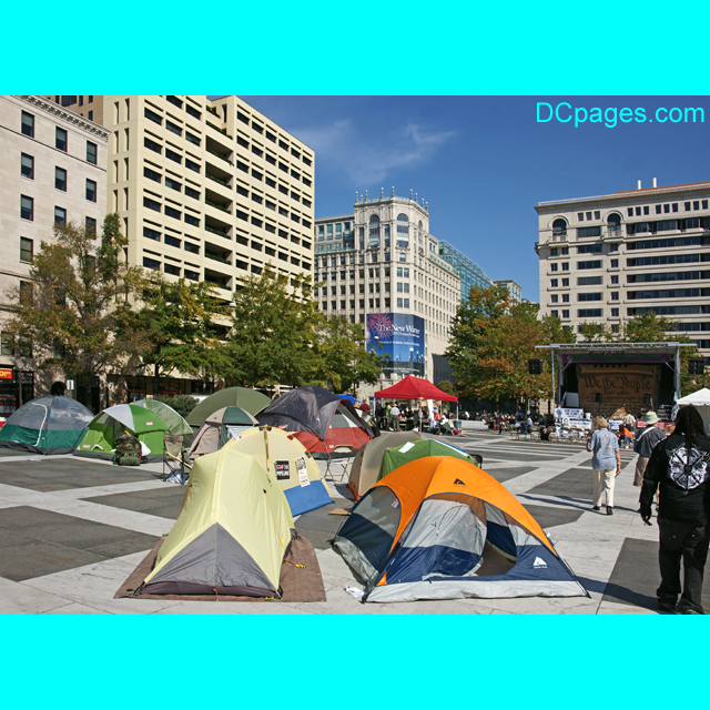 A small tent city pops up in Freedom Plaza in Northwest DC