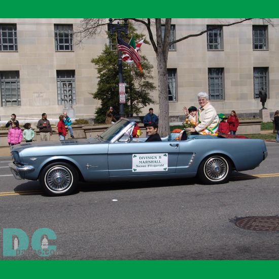 Washington DC St Patricks Day Parade - Division B Marshall, Sasao Fitzgerald rides in a sky blue 1965 Ford Mustang.