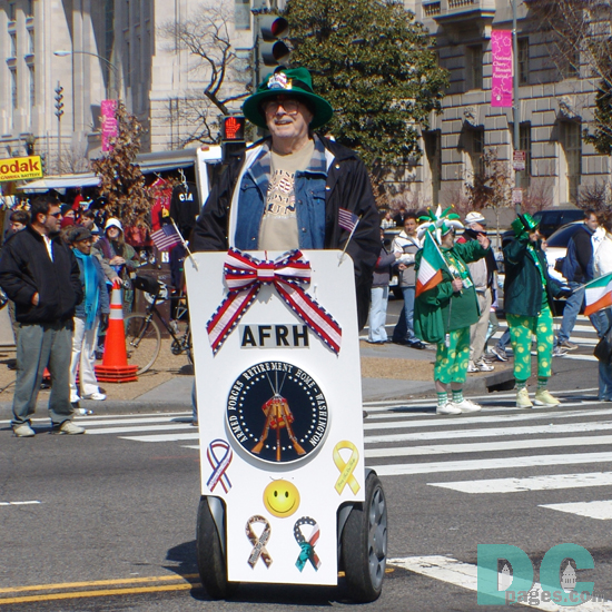 A member of the Armed Forces Retirement Home located in Washington DC has fun riding his Segway in the St Patricks Day parade. What a fun idea.