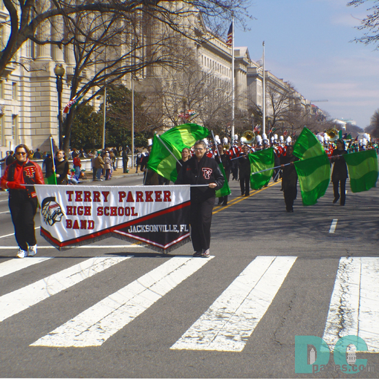 The Terry Parker High School Marching Band from Jacksonville, Florida have fun participating in the Districts St Patricks Day parade.