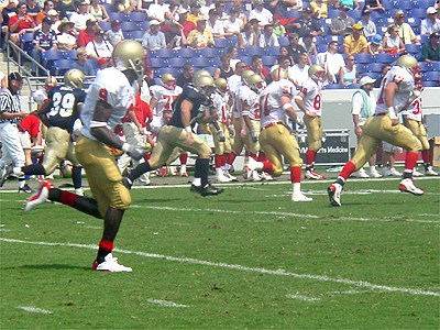 VMI's offensive line tries to score a touchdown after a unsuccessful first quarter.