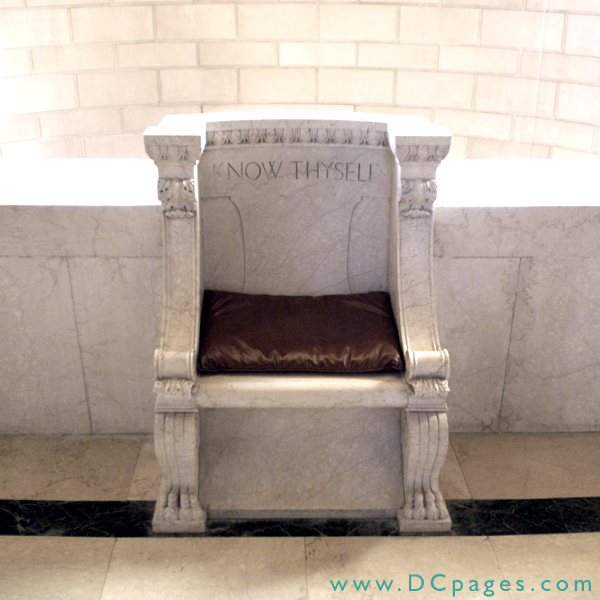 The Tylers or guardians seat is located across from the doors to the Temple Room. There is an inscription "KNOW THYSELF" on the top of the marble seat.