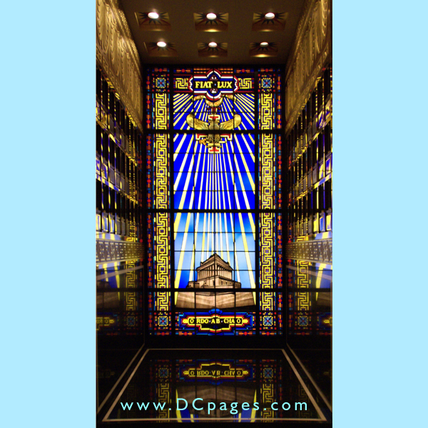 Pillars of Charity. 33 beams of light radiate from the eagle down to the exterior view of the House of the Temple. 
