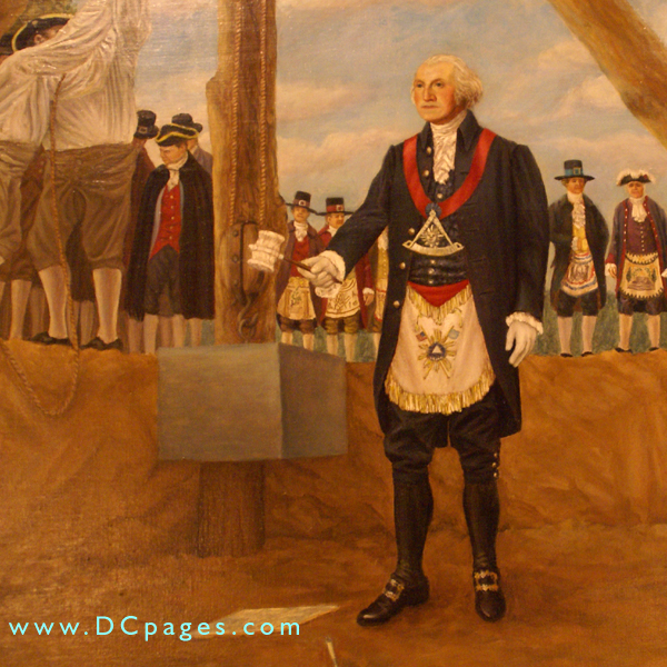 A closeup view of George Washington in Masonic Regalia laying the Cornerstone of the United States Capitol building.