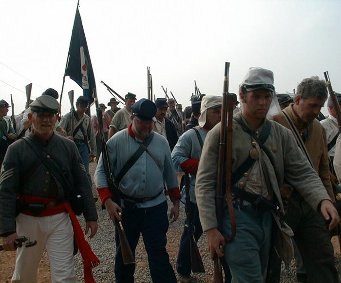 The First Battle of Bull Run:  Beauregards troops.  Southern soldiers advancing to the Stone House.   
